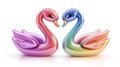 Two inflatable swan pool floats with elegant curves are shown, featuring vibrant