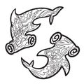 Two ink floral hammerhead shark in hand drawn style. Tattoo art. Vector illustration