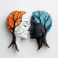 Two interconnected heads with tree branches symbolize unity, diversity, and interconnectedness, expressing harmony Royalty Free Stock Photo