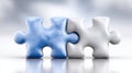 Two interlocking puzzle pieces in blue and white colors on a soft background Royalty Free Stock Photo