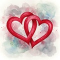 Two interlocking red hearts are illustrated with a watercolor effect, prominently Royalty Free Stock Photo