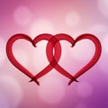 Two interlocking red hearts are painted in a brushstroke style against a blurred pink a Royalty Free Stock Photo
