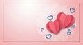 Two Interlocking Red Paper Hearts with Blue Outlines on Pink Lined Notebook Background Royalty Free Stock Photo