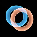 Two interlocking, translucent rings on a black background. One ring is light blue and th Royalty Free Stock Photo