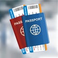 Two International passports with tickets on the airport background. Air travel concept. Vector illustration.