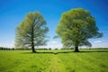 two intertwined trees standing tall in a sunny meadow Royalty Free Stock Photo
