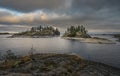 Two islands covered in forest. Nordic landscape. Scenic view