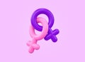 Two isolated female symbols united on a purple background for International Womens day in 3D illustration. March 8 for feminism