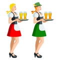 Two isolated figures of Oktoberfest girls in Bavarian folk costumes holding a tray of beer glasses