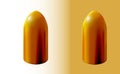 Two isolated gold bullets, 3d realistic golden or brass on light background, firing part of the cartridge, shot 
