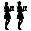 Two isolated silhouettes of Oktoberfest girls in Bavarian folk costumes holding a tray of beer glasses
