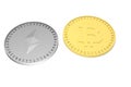 Two isolated silver coins with the symbol of the Ethereum, Etherium and gold with the Bitcoin symbol on a white background, 3D ren