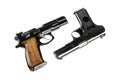 Two isolated black pistols on a white background