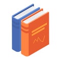 Two isometric books stand upright. Orange book with chart icon, blue book behind. Education and knowledge vector