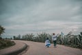 Two Israeli girls with Israel flag having fun at amazing sunset outdoor. Royalty Free Stock Photo