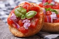 Two Italian bruschetta with tomato, onion and basil Royalty Free Stock Photo