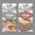 Two Italian cuisine labels with landscape, color pizza and lasagna.