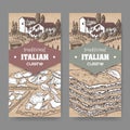 Two Italian cuisine labels with pizza and lasagna on cardboard