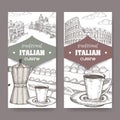 Two Italian cuisine labels with Venice and Rome landscape, tiramisu dessert, coffee cup and espresso maker on white. Royalty Free Stock Photo