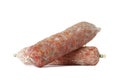 Two Italian sausage. Tasty dried sausage, close-up, isolated on white background Royalty Free Stock Photo