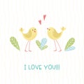 Two ittle cartoon birds, leaves and handwritten inscription I love you.