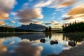 Two Jack Lake at daybreak  starry sky and colorful clouds reflected on the water surface Royalty Free Stock Photo