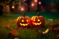 Two jack o lanterns in the park at night. Halloween image. Generative AI Royalty Free Stock Photo