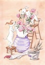 Two jack russell dogs making peony bouquet in violet vase.