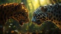 Two Jaguars Face Off in a Lush Green Forest Royalty Free Stock Photo