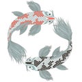 Two gray Japanese carps in the style of feng shui symbols.