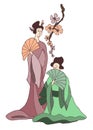 Two japanese girls with geisha hairstyle, dressed in traditiolal kimono, holding fans in her hands