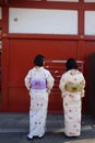 Two Japanese girls wearing traditional kimono dress