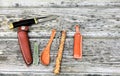 Two japanese knives leather cases woodan spoon Royalty Free Stock Photo