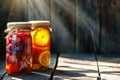 Two jars filled with a variety of canned fruits and vegetables neatly arranged on a kitchen counter