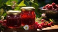 Two jars of homemade raspberry jam on rustic table Royalty Free Stock Photo