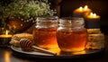 Two jars honey, honey dipper and slices bread. Drops of viscous amber honey. Composition on background of wooden table. Rustic