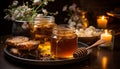 Two jars honey, honey dipper and slices bread. Drops of viscous amber honey. Composition on background of wooden table. Rustic