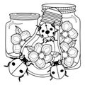 Two jars and a large light bulb with flowers and ladybirds.