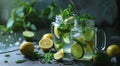 two jars with lemon, lime and mint iced tea Royalty Free Stock Photo
