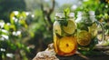two jars with lemon, lime and mint iced tea Royalty Free Stock Photo