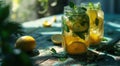 two jars with lemon, lime and mint iced tea Royalty Free Stock Photo