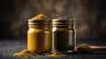 Two jars of mustard, one yellow and one black, surrounded by mustard seeds on a wooden surface Royalty Free Stock Photo