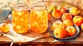 Two jars of peach preserves and a bowl of fresh peaches on a wooden surface.