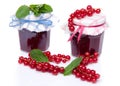 Two jars of redcurrant jam with fresh redcurrants and mint Royalty Free Stock Photo
