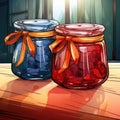 Two jelly jars (grape and strawberry) on a wooden table Royalty Free Stock Photo