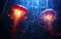 Two jellyfish gracefully swim in the dark water, underwater marine life photo