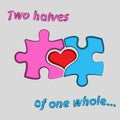 Two jigsaw puzzle pieces with heart between them. Two halves of the whole. Love, medical, relationship symbol. Valentine