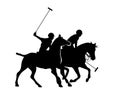 Two jockeys riding polo sport pony horses black and white vector silhouette Royalty Free Stock Photo