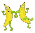 Two joyful bananas dancing. Vector groovy isolated illustration. Retro cartoon Royalty Free Stock Photo