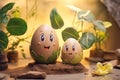 Two joyful egg characters with faces in sunny garden setting. Beautiful Easter decoration Royalty Free Stock Photo